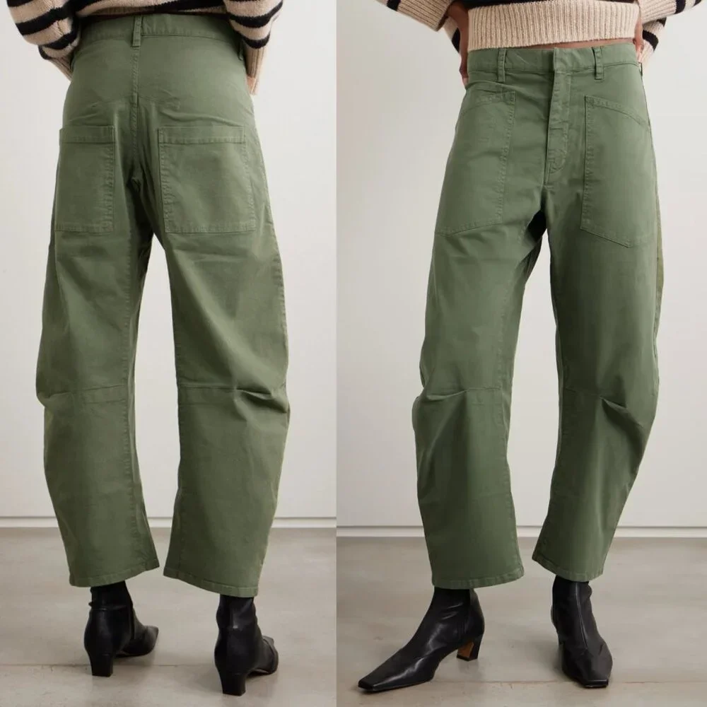 Nili Lotan Shon Pant Camo Green Twill Cotton Barrel Leg Cropped Hemmed Size 0 - Picture 2 of 10